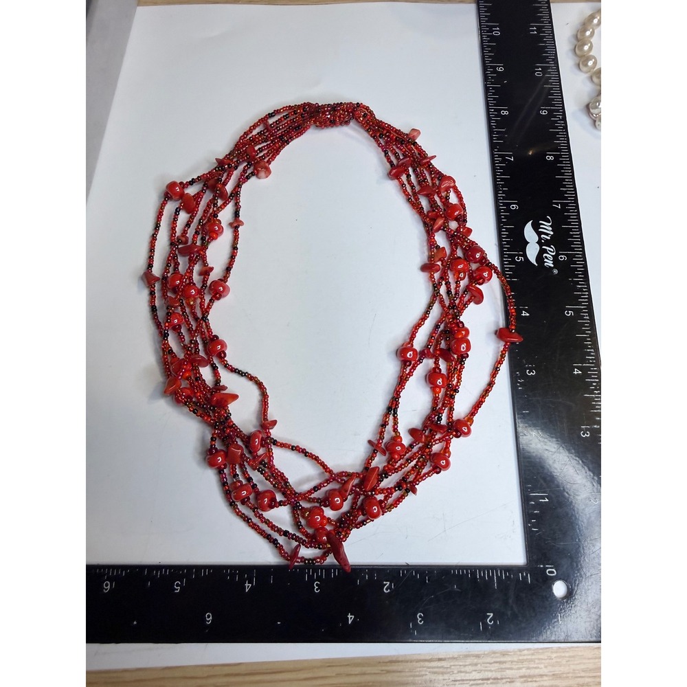 Red Multi Strand Seed Bead Necklace Woven Barrel Clasp Boho Layered Statement